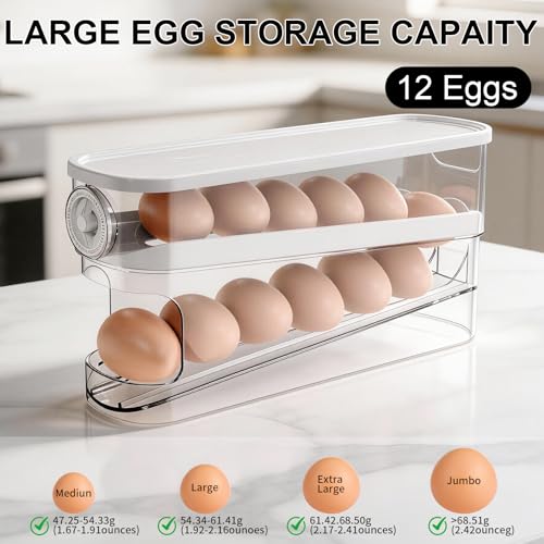 Auto Rolling Egg Holder for Fridge, Egg Dispenser/Organizer/Storage/Container with Lid & Date Timer for Refrigerator, Sturdy and Durable Space-Saving Egg Tray for 12 Large Eggs - size: 1pcs With Timer