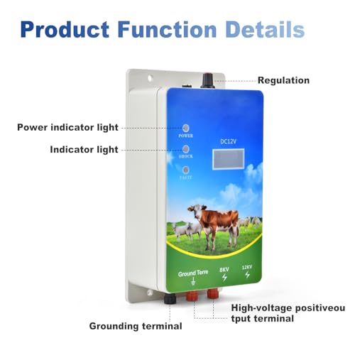 Electric Fence Charger 6 Mile, 8KV-12KV 2J Output, LED Display | High Power, AC DC Multi-Powered Electric Fence，Repels Wildlife for Livestock,Horses,Cattle Sheep,Gardens,Orchards Protection