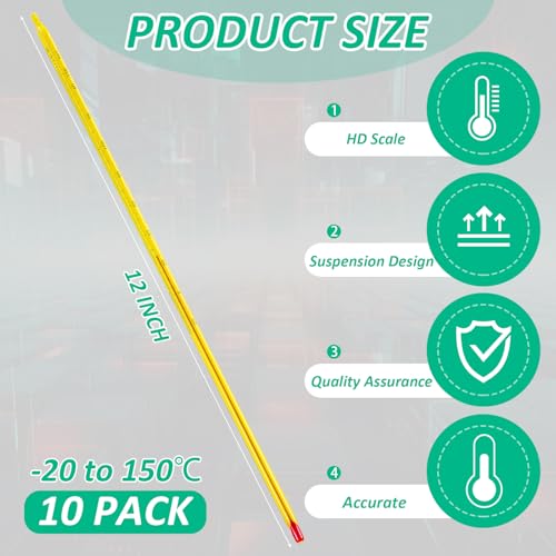 Relaxweex 10 Pcs General Purpose Lab Thermometer 12 Inch Total Immersion Glass Liquid -20 to 150℃ Liquid in Glass Thermometer for Laboratories, Universities, Food and Beverage Processing, Yellow - color: Yellow