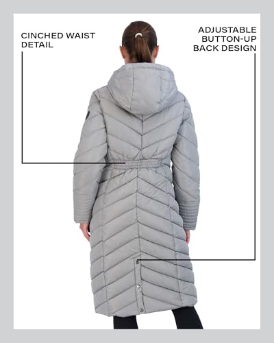 Madden Girl Womens Winter Jacket, Long Maxi Puffer Coat, Hooded Parka | Weather Resistant Full Length Warmth, Zipper and Button Closure, Cozy Insulated Hood, Zip Pockets Cold Weather Ready - color: Titanium, size: X-Large