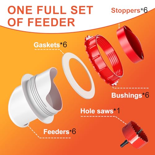No Waste Chicken Feeders, DIY Automatic Poultry Feeder - 6 Ports Red | Buckets Barrels Bins Troughs‑mountable Design for common Breeds of Chicken Flock with Hole Saw - size: 6 Ports