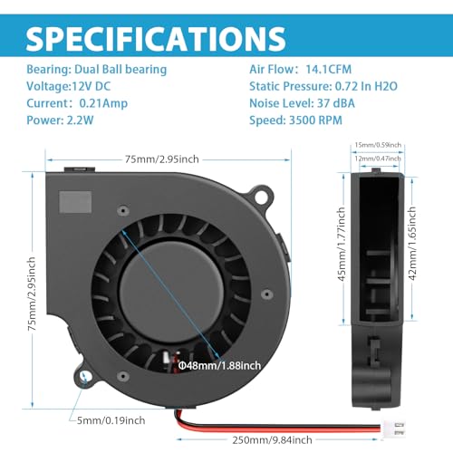 12V Brushless DC Centrifugal 75mm x 15mm Blower Mini Turbo 2Pin Fan for Humidifier、Helmet、3D Print - style: 75 x 15 12v2p