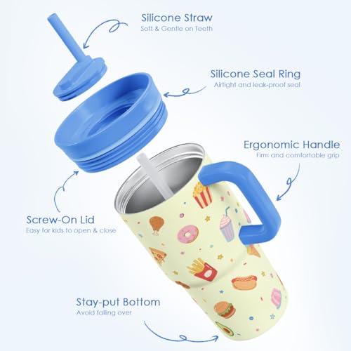 SANDJEST Food Stainless Steel Tumbler 20oz with Handle and Silicone Straw Locking Lid for Kids Boys Girls, Birthday Christmas Back to School - color: Fast Food