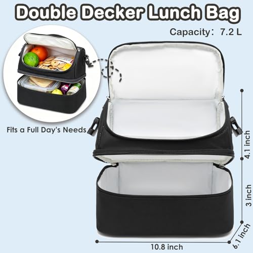 FlowFly Double Decker Cooler Insulated Lunch Bag Large Tote for Boys, Girls, Men, Women, With Adjustable Strap,Black - color: Black