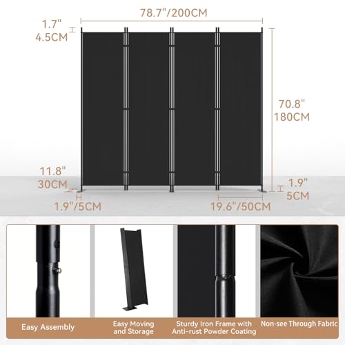 C-Hopetree 4 Panels Room Divider, 6 Ft Tall Indoor Folding Privacy Screen, Portable Partition Separator, Freestanding Separation Temporary Wall for Office, Bedroom, 80" W X 71" H, Black - size: 4-Panel