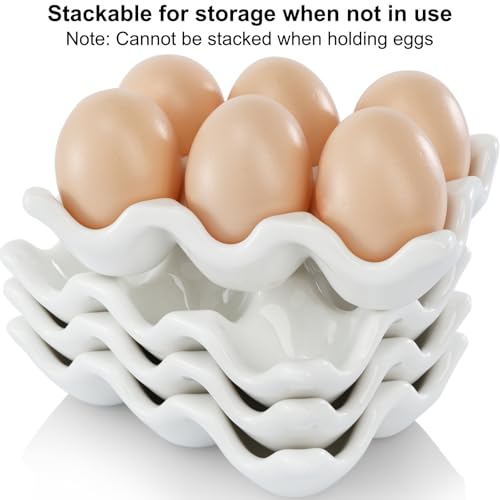 DEAYOU 4 Pack 24 Cups Egg Tray Holders, Porcelain Egg Container for Countertop Fridge, Ceramic Eggs Keeper Storage Organizer, Tiny Egg Dispenser Serving Dish Serveware for Display, Kitchen, White