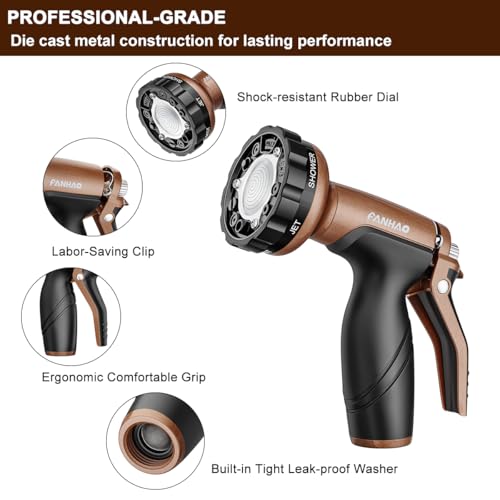 FANHAO 7 Spray Patterns Metal Garden Hose Nozzle with Lockable Trigger | Rustproof Hose Sprayer Nozzle Heavy Duty, Non-Slip Ergonomic Grip, High Pressure Nozzle for Watering Plant, Car & Pet Washing