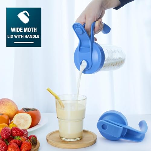Breast Milk Pitcher, 32oz Glass Pitcher with Flip Top Lid & Handle - Leak Proof Mason Jar for Iced Tea, Lemonade & Juice, Dishwasher Safe, Blue