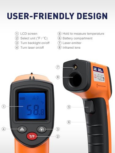 Infrared Thermometer Gun -58°F to 788°F Range (Not for Human Body Temp) | Digital Temperature Gun for Cooking, BBQ, Oven, Engine, HVAC | Non-Contact Measuring & Backlit Digital Display