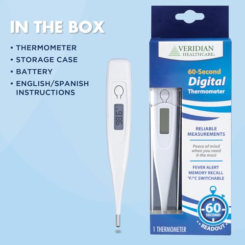 Veridian 60-Second Digital Thermometer with Rigid Tip | Oral, Rectal & Underarm Thermometer, Fever Alert at 100.0°F, Memory Recall, Water-Resistant, Storage Case