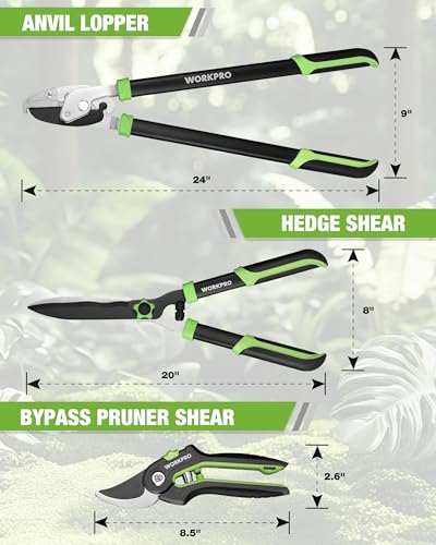 WORKPRO 3-Piece Garden Shears Set, Heavy-Duty Gardening Clippers | Includes 20” Hedge Shear, 24” Anvil Lopper & 8” Pruning Shear, with Sharp Blade, Comfort Grip for Branch, Shrub, and Hedge - size: 3PCS - Garden Shears Set