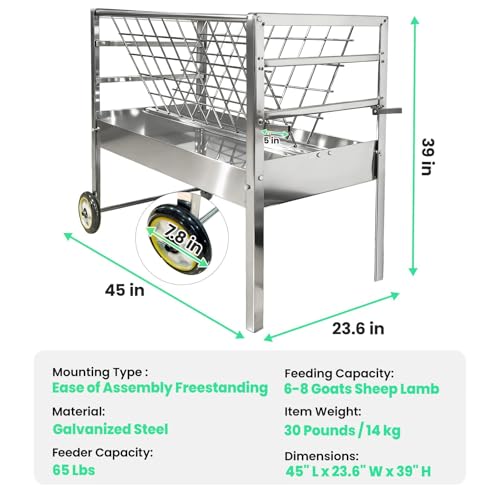 Rolling Hay Feeder with Grain Trough for Goats and Sheep 2 in 1 Freestanding Livestock Cart on Wheels Heavy Duty Galvanized Steel Construction Easy Move Across Pasture or Barn Floor