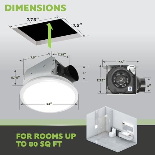 Homewerks 7141-80 Bathroom Fan Integrated LED Light Ceiling Mount Exhaust Ventilation 1.1 Sones 80 CFM, White - color: Round 80 CFM