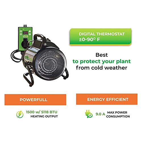 BioGreen Electric Greenhouse Heater & Fan with Digital Thermostat PALMA | 1500 Watts, 5100 BTU/hr | 5800 ft³/h Air Circulation -58 to 210.2°F | Stainless Steel | Spraywater Proof - color: Black