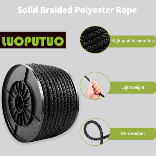 1/2 Inch × 100 FT Black Polyester Solid Braid Rope – UV & Abrasion Resistant, Low Stretch, Multipurpose for Flagpole Halyard, Clothesline, Camping, and Utility Tasks - size: 1/2 In×100 FT