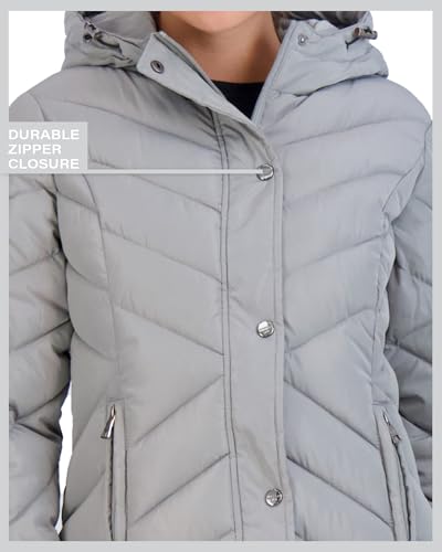 Madden Girl Womens Winter Jacket, Long Maxi Puffer Coat, Hooded Parka | Weather Resistant Full Length Warmth, Zipper and Button Closure, Cozy Insulated Hood, Zip Pockets Cold Weather Ready - color: Titanium, size: X-Large