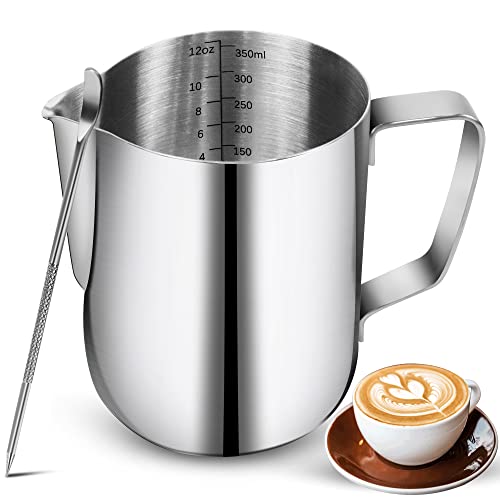 Milk Frothing Pitchers-12oz/350ML Stainless Steel Steaming Pitchers, Scale Coffee/Milk/Cappuccino/Latte Art Barista Steam Pitchers, Milk Jug Cup with Decorating Pen-Silver - color: Silver