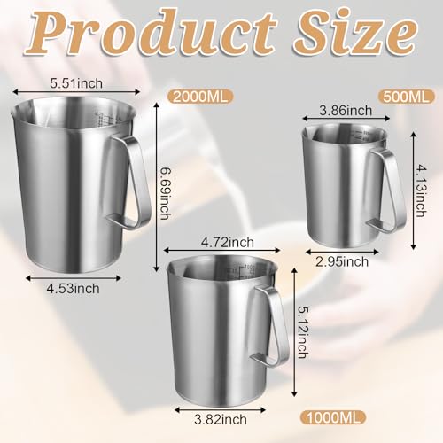 3 Pieces Stainless Steel Measuring Cups Metal Pitcher with Oz and ML marking Measuring Cup with Handle and Pour Lip, 16 Ounce (2 Cups), 32 Ounces (4 Cup), 64 Ounces (8 Cup)