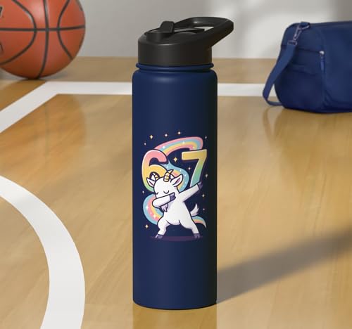 Magical Rainbow Dabbing Goat Funny Six Seven Meme Kids Teens Stainless Steel Insulated Water Bottle - color: Navy Blue