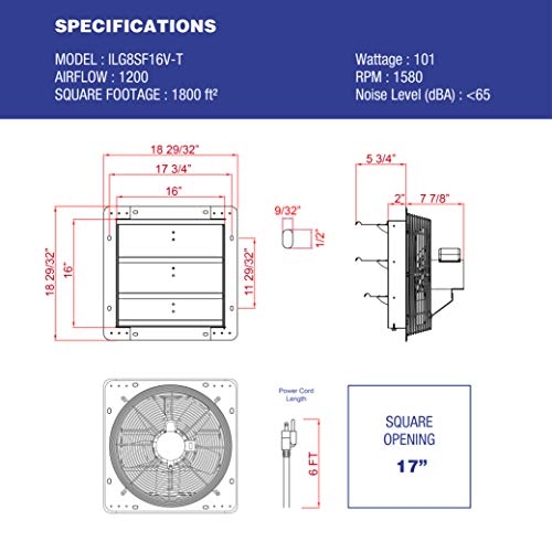 Iliving ILG8SF16V-T Wall-Mount Shutter Exhaust Fan, 16" - Variable Speed, Silver - size: 16 In