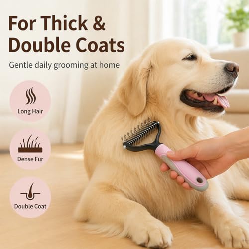 Pet Pro Grooming Tool, 2-In-1 Double-Sided Grooming Tool, Sided Deshedding Dematting Tool, Undercoat Rake for Dogs & Cats, Extra-Wide Dog Grooming Brush & Deshedder Comb for Long Hair(Blue + Pink)