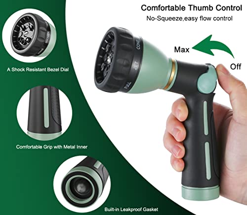 FANHAO Heavy Duty Garden Hose Nozzle, Metal Hose Sprayer Easy Thumb Control | 8 Spray Patterns, Rustproof Water Nozzle, Non-Slip Ergonomic Grip, Elder & Child Friendly for Garden, Car & Pet, Light Green - color: Light Green