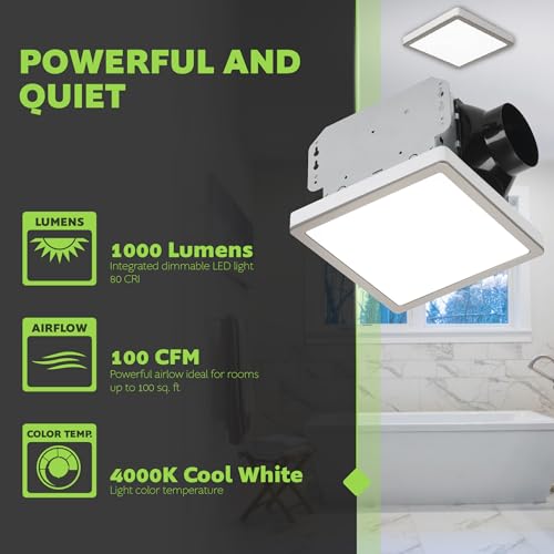 Homewerks 7105-12-BN Bathroom Fan with Light 100-CFM 2 Sones Square Ventilation Fan Dimmable LED Light and Magnetic Trim Ring Brushed Nickel - color: 100 CFM Brushed Nickel Square