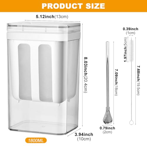1800ml Greek Yogurt Maker & Strainer with Straw Spoon, Brush & Mesh Bag | 1.9Qt Multi-use strainer with fine mesh bag & lid. Makes yogurt, nut milk, juice, kefir & tofu. Straw spoon & brush included. - size: 1800ML