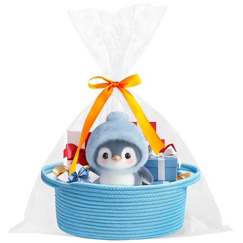 Pro Goleem Small Woven Basket with Gift Bags and Ribbons Durable Baskets for Gifts Empty Small Rope Basket for Storage 12"X 8" X 5" Baby Toy Basket with Handles, Blue - color: Blue