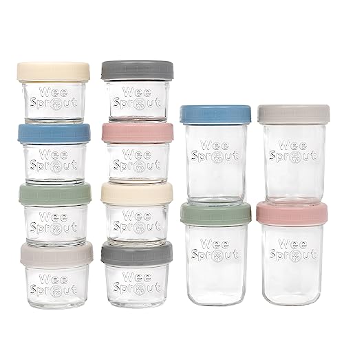 WeeSprout Glass Baby Food Storage Jars w/ Lids (4/8 oz, 12 Pack Set) Snack, Reusable Small Containers, Breast Milk, Fridge, Freezer, Microwave & Dishwasher Safe, Essential Must Have for Infants - color: Matte Variety, size: 4 oz & 8 oz (Plastic Lids + Emb
