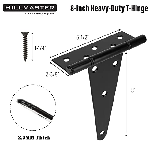 HILLMASTER 8 Inch T-Strap Heavy Duty Shed Door Hinges Gate Strap Hinges Black Tee Hinge Wrought Hardware for Wooden Fences,Yard,Barn Door,Rustproof (4 Pack) - size: 8in 4Pack