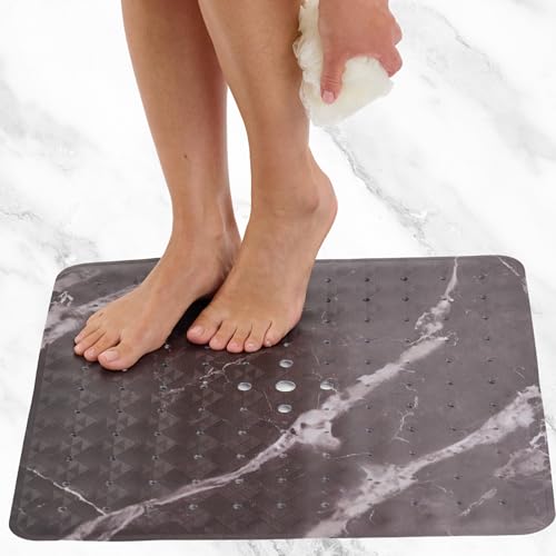 ENKOSI Square Shower Mat 21 x 21 – Anti Slip Shower Mat with Secure Suction Cups and Drain Holes – Square Shower Stall Floor Mats with Black Marble Design (Marble Black 21x21) - color: Marble Black