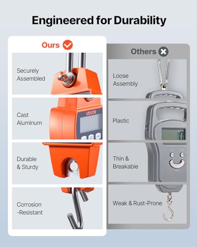 VEVOR Digital Crane Scale, 660 lbs/300 kg, Industrial Heavy Duty Hanging Scale with Cast Aluminum Case & LCD Screen, Handheld Mini Crane with Hooks for Farm, Hunting, Fishing, Outdoor, Garage (Orange) - style: 660 lbs/300 kg