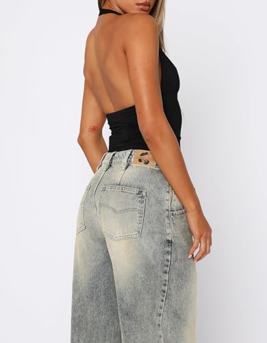 ForeFair Women Sexy Halter Deep V Neck Backless Crop Tank Top Open Back Sleeveless Slim Fit Y2k Summer Tops - color: Black, size: Large