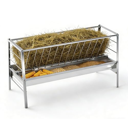 5.3 FT Hay Grain Feeder, Stainless Steel Goat Sheep Feeder for Farm Sheds | 94 Gallons Capacity, Scratch-Resistant Hay Feeder, 8” Deep Grain Tray, Rust-Proof＆Easy to Clean, for Goat＆Sheep＆Horses＆Cattle