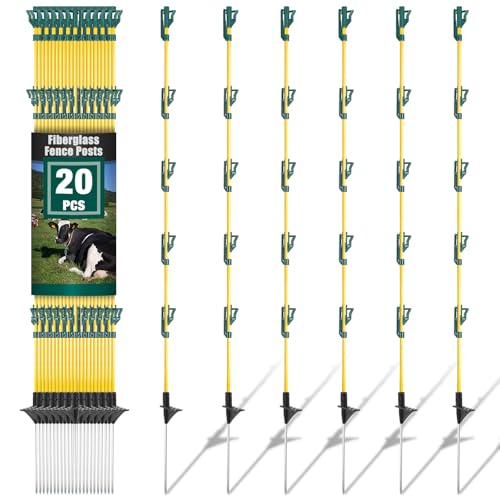 48In/4FT Fiberglass Step-in Electric Fence Posts | 5 Large Clips, Holds Wire, Poly Tape, and Poly Rope, Livestock Control | Lightweight, Anti-Rotation
