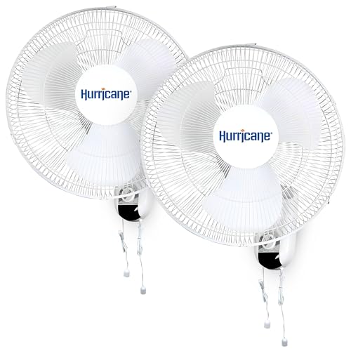 Hurricane Classic Oscillating Wall Mount Fan, 3 Speeds, White-16in, 2 Pack | Corded Electric Air Cooling Unit w/ Easy Pull Cord Controls for Home, Grow Tents, Offices, Sheds, Studios, Garages & Dorms - style: 16" Classic