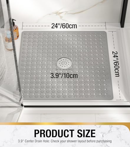 HITSLAM Non Slip Shower Mat, Square Bathtub Mat, 24x24 Inch, Grey | Diamond Textured PVC Bath Mat With Suction Cups, Shower Stall Mat with Center Drain Hole, Strong Grip, Machine Washable - color: Grey