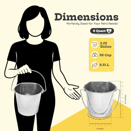 Flat Side Stainless Steel Bucket 9 Quart Hanging Feeding Utility Pail for XL Dog Goat Sheep Horse Livestock, Fits Kennel Cage Farm, Heavy Duty Food & Water Feeder, 2.25Gallon Silver 2Pack - size: 9 Quart (Pack of 2)