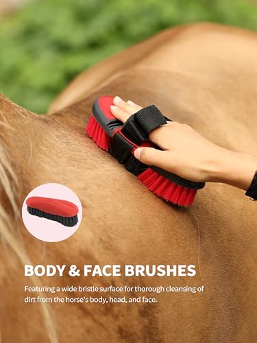 Harrison Howard Horse Grooming Kit 9 Piece with Tote Bag, Non-Slip Horse Brush Set for Shedding, Bathing, Hoof Care, Mane & Tail Grooming, Equine Grooming Supplies Red - color: Red