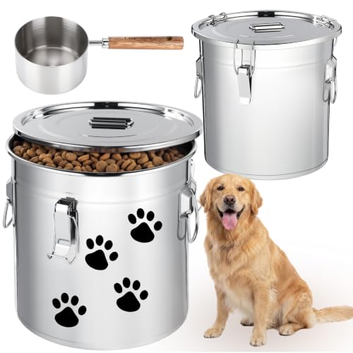 Lounsweer 2 Pack 8.9+5.5 Gal Stainless Steel Dog Food Storage Container with Lid and Locking Clamp 33L+21L Metal Airtight Container Large Stainless Steel Bucket with Food Scoop for Pet Feed - size: 21L+33L