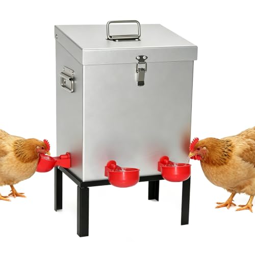 3 Gal Galvanized Steel Poultry Waterer, Automatic Poultry Waterer | Chicken Waterer with 4 Water Cups, Reinforced Base & Secure Latch, Heavy Duty Watering System for Backyard Chickens Ducks