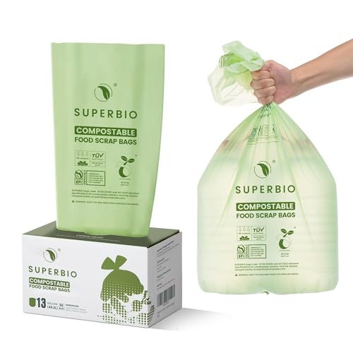 SUPERBIO 13 Gallon Compostable Kitchen Waste Bags, 50 Count, 1 Pack | Flat top Food Scrap bags, Certified by BPI and OK compost INDUSTRIAL, 49.2L, 0.87 Mil - color: 13 Gallon Flat Top, 50 Count