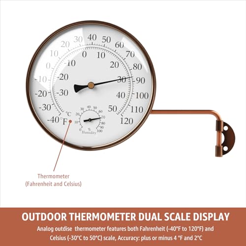 6" Brass Analog Outdoor Thermometer & Humidity Gauge, Vintage Decor | Easy Install, Battery-Free, Window Readable for Patio Garden Garage Greenhouse - color: 6 INCH