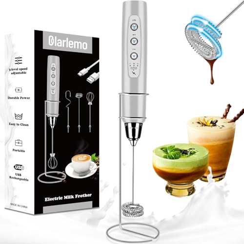 Colarlemo Milk Frother Handheld Rechargeable with Stand, Frother Wand Drink Mixer Electric Whisk for Coffee, Detachable With 3 Stainless Whisks, Hand Mixer for Lattes, Cappuccino, Matcha, Egg, Silver - color: Silver, style: with stand