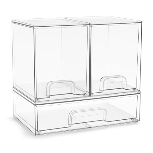Sorbus Clear Stackable Storage Drawers (3 Pack, 7.6'' Tall and 12.1'' Wide) | Acrylic containers with pull-out bins keep cosmetics, brushes and daily items sorted on bathroom counters or in cabinets. - size: 3 Pack, 7.6’’ Tall and 12.1’’ Wide