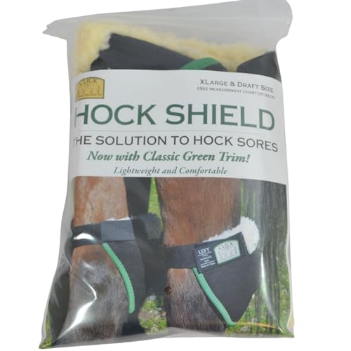 Click Horse Hock Shield, Horse Care Boots, Hock Shield for Horses w/ Fleece Lining, Prevents Hock Sores & Bed Sores, Tear Resistant Hock Protectors for Horses, Black w/ Green Trim - size: Horse