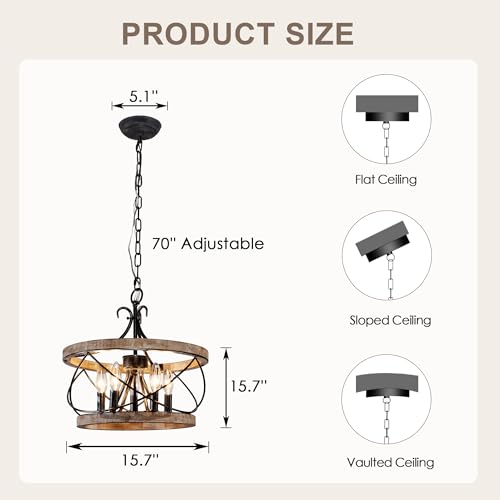 15.7" Farmhouse Chandelier for Dining Room, 5-Light Wood Drum | Rustic Chandelier Dining Room Light Fixture French Country Industrial Pendant Lamp for Living Room Kitchen Island Entryway - color: 15.7" Wood Drum