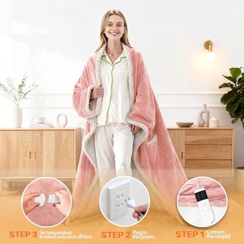 Wearable Heated Blanket With Sleeves & Foot Pocket, Heated Throw Blankets Fast Heating Blanket With 10 Heat Settings Auto Shut Off Over-Heat Protection-Warm Gift, Machine Washable, 52”*72”+18” - color: Pink