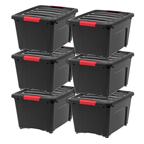 IRIS USA 6-Pack 32 Quart Storage Bins with Lids, Black | Black finish conceals stored items. Great for linens, décor, closet storage, and supplies. Nestable design saves space - size: 32 Qt, style: 6 Pack